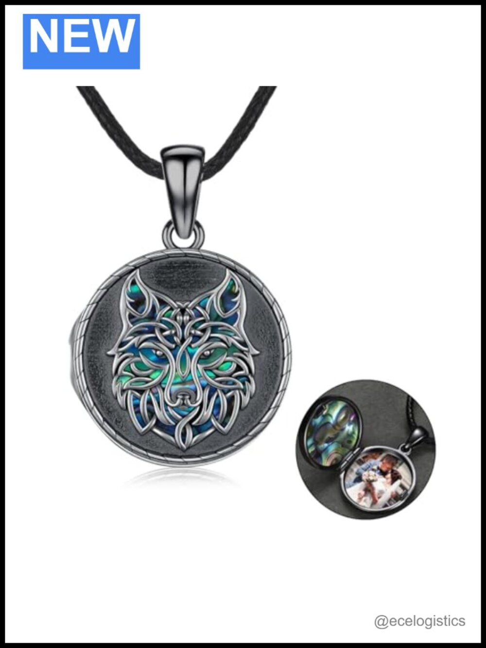 S925 Sterling Silver Celtic Wolf Head Locket Necklace Photo Pendant with Black
